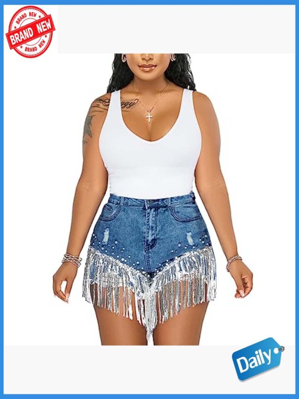 High Waisted Denim Shorts Ripped Frayed Raw Hem Tassels Jean Shorts - Picture 4 of 7